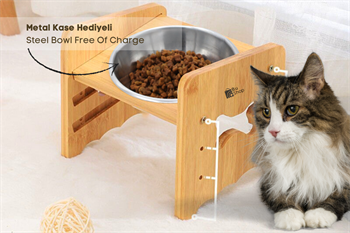 Kedi Köpek Mama Ve Su Kabı-Çelik Tek Adet Kase Hediyeli-Gerçek Ahşap-Kayın Renk-BuShop Kemik