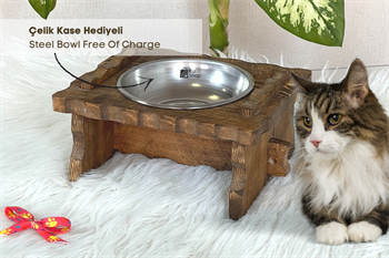 Kedi Köpek Mama Ve Su Kabı-Çelik Tek Adet Kase Hediyeli-Gerçek Ahşap-Latin Ceviz-BuShop Enrico 