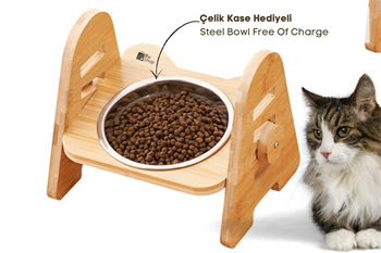 Kedi Köpek Mama Ve Su Kabı-Çelik Tek Adet Kase Hediyeli-Gerçek Ahşap-Kayın Renk-BuShop Alfa 