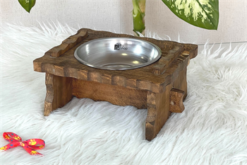 Kedi Köpek Mama Ve Su Kabı-Çelik Tek Adet Kase Hediyeli-Gerçek Ahşap-Latin Ceviz-BuShop Enrico 
