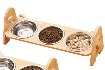 Kedi Köpek Mama Ve Su Kabı-Çelik Üç Adet Kase Hediyeli-Gerçek Ahşap-Kayın Renk-BuShop Alfa