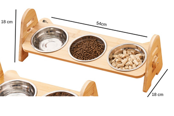 Kedi Köpek Mama Ve Su Kabı-Çelik Üç Adet Kase Hediyeli-Gerçek Ahşap-Kayın Renk-BuShop Alfa