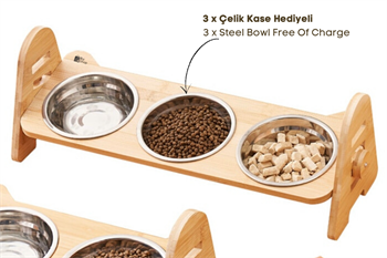 Kedi Köpek Mama Ve Su Kabı-Çelik Üç Adet Kase Hediyeli-Gerçek Ahşap-Kayın Renk-BuShop Alfa