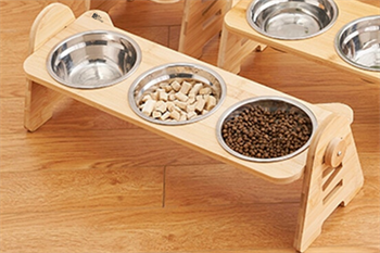 Kedi Köpek Mama Ve Su Kabı-Çelik Üç Adet Kase Hediyeli-Gerçek Ahşap-Kayın Renk-BuShop Alfa