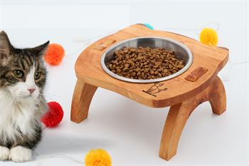 Kedi Köpek Mama Ve Su Kabı-Kaliteli  Çelik Bir Adet Kase Hediyeli-Gerçek Ahşap-Armut Kiraz-BuShop Mızmız 