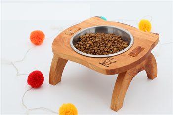 Kedi Köpek Mama Ve Su Kabı-Kaliteli  Çelik Bir Adet Kase Hediyeli-Gerçek Ahşap-Armut Kiraz-BuShop Mızmız 