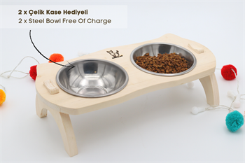 Kedi Köpek Mama Ve Su Kabı-Kaliteli  Çelik İki Adet Kase Hediyeli-Gerçek Ahşap-Ham Boyasız-BuShop Mızmız 