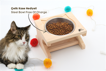 Kedi Köpek Mama Ve Su Kabı-Kaliteli Çelik Tek Kase Hediyeli-Gerçek Ham Ahşap-BuShop Katya 