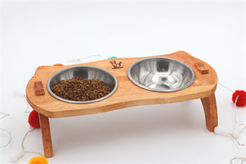 Kedi Köpek Mama Ve Su Kabı-Kaliteli  Çelik İki Adet Kase Hediyeli-Gerçek Ahşap-Armut Kiraz-BuShop Mızmız 