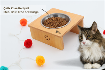 Kedi Köpek Mama Ve Su Kabı-Kaliteli Çelik Tekli Kase Hediyeli-Kontraplak Ahşap-BuShop Yumak 