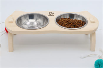 Kedi Köpek Mama Ve Su Kabı-Kaliteli  Çelik İki Adet Kase Hediyeli-Gerçek Ahşap-Ham Boyasız-BuShop Mızmız 