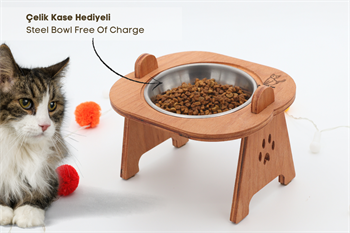 Kedi Köpek Mama Ve Su Kabı-Kaliteli  Çelik Bir Adet Kase Hediyeli-Kontraplak Ahşap-Armut Kiraz-BuShop Mişa 
