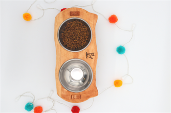 Kedi Köpek Mama Ve Su Kabı-Kaliteli  Çelik İki Adet Kase Hediyeli-Gerçek Ahşap-Armut Kiraz-BuShop Mızmız 