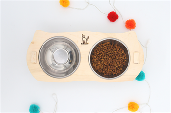 Kedi Köpek Mama Ve Su Kabı-Kaliteli  Çelik İki Adet Kase Hediyeli-Gerçek Ahşap-Ham Boyasız-BuShop Mızmız 