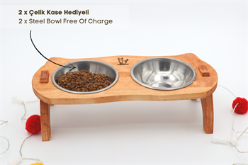 Kedi Köpek Mama Ve Su Kabı-Kaliteli  Çelik İki Adet Kase Hediyeli-Gerçek Ahşap-Armut Kiraz-BuShop Mızmız 