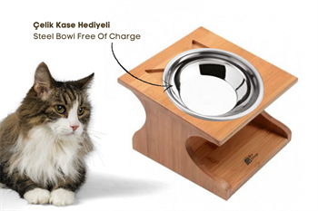 Kedi Köpek Mama Ve Su Kabı-Kaliteli Çelik Tek Kase Hediyeli-Kontrplak Ahşap-BuShop Katya