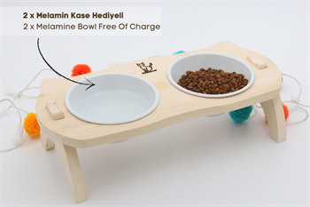 Kedi Köpek Mama Ve Su Kabı-Kırılmaz Melamin İki Adet Kase Hediyeli-Gerçek Ahşap-Ham Boyasız-BuShop Mızmız