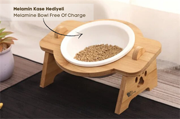 Kedi Köpek Mama Ve Su Kabı-Kırılmaz Melamin Bir Adet Kase Hediyeli-Gerçek Ahşap-Kayın Renk-BuShop Mişa 