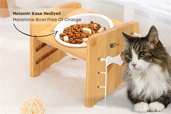 Kedi Köpek Mama Ve Su Kabı-Kırılmaz Melamin Tek Adet Kase Hediyeli-Gerçek Ahşap-Kayın Renk-BuShop Kemik