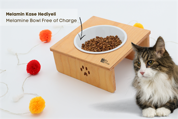 Kedi Köpek Mama Ve Su Kabı-Kırılmaz Melamin Tekli Kase Hediyeli-Kontraplak Ahşap-BuShop Yumak 