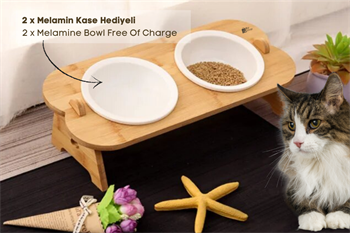 Kedi Köpek Mama Ve Su Kabı-Kırılmaz Melamin İki Adet Kase Hediyeli-Gerçek Ahşap-Kayın Renk-BuShop Shell 