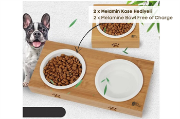 Kedi Köpek Mama Ve Su Kabı-Kırılmaz Melamin İki Adet Kase Hediyeli-Kontrplak Ahşap-BuShop Yumak 