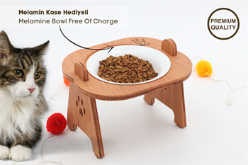 Kedi Köpek Mama Ve Su Kabı-Kırılmaz Melamin Bir Adet Kase Hediyeli-Kontraplak Ahşap-Armut Kiraz-BuShop Mişa 