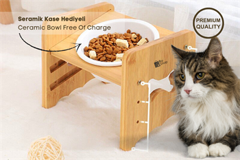 Kedi Köpek Mama Ve Su Kabı-Seramik Tek Adet Kase Hediyeli-Gerçek Ahşap-Kayın Renk-BuShop Kemik Preminyum
