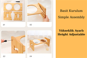 Kedi Köpek Mama Ve Su Kabı-Seramik Tek Adet Kase Hediyeli-Gerçek Ahşap-Kayın Renk-BuShop Kemik Preminyum