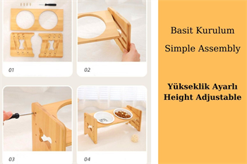 Kedi Köpek Mama Ve Su Kabı-Çelik Tek Adet Kase Hediyeli-Gerçek Ahşap-Kayın Renk-BuShop Kemik