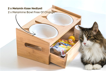 Kedi Köpek Mama Ve Su Kabı-Melamin İki Adet Kase Hediyeli-Gerçek Ahşap-Armut Kiraz-Çekmeceli-BuShop Merlin