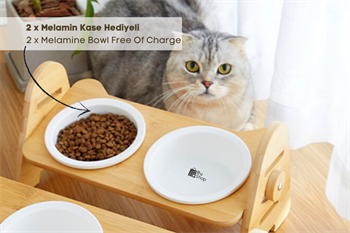 Kedi Köpek Mama Ve Su Kabı-Melamin İki Adet Kase Hediyeli-Gerçek Ahşap-Kayın Renk-BuShop Alfa 