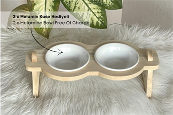 Kedi Köpek Mama Ve Su Kabı-Melamin İki Adet Kase Hediyeli-Gerçek Ahşap-Ham Boyasız-BuShop Mişa 