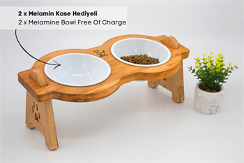 Kedi Köpek Mama Ve Su Kabı-Melamin İki Adet Kase Hediyeli-Gerçek Ahşap-Armut Kiraz-BuShop Mişa 