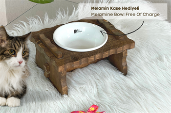 Kedi Köpek Mama Ve Su Kabı-Melamin Tek Adet Kase Hediyeli-Gerçek Ahşap-Latin Ceviz-BuShop Enrico