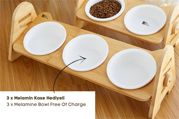 Kedi Köpek Mama Ve Su Kabı-Melamin Üç Adet Kase Hediyeli-Gerçek Ahşap-Kayın Renk-BuShop Alfa