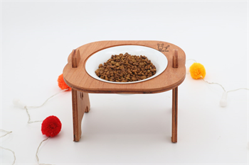 Kedi Köpek Mama Ve Su Kabı-Kırılmaz Melamin Bir Adet Kase Hediyeli-Kontraplak Ahşap-Armut Kiraz-BuShop Mişa 