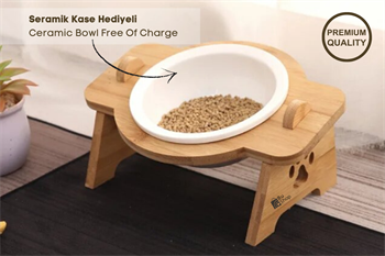 Kedi Köpek Mama Ve Su Kabı-Seramik Bir Adet Kase Hediyeli-Gerçek Ahşap-Kayın Renk-BuShop Mişa Preminyum 