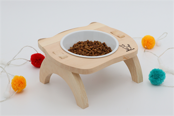 Kedi Köpek Mama Ve Su Kabı-Seramik Bir Adet Kase Hediyeli-Gerçek Ahşap-Ham Boyasız-BuShop Mızmız Preminyum 