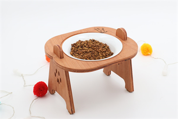 Kedi Köpek Mama Ve Su Kabı-Kırılmaz Melamin Bir Adet Kase Hediyeli-Kontraplak Ahşap-Armut Kiraz-BuShop Mişa 