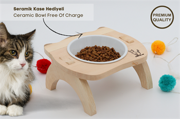 Kedi Köpek Mama Ve Su Kabı-Seramik Bir Adet Kase Hediyeli-Gerçek Ahşap-Ham Boyasız-BuShop Mızmız Preminyum 