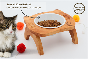 Kedi Köpek Mama Ve Su Kabı-Seramik Bir Adet Kase Hediyeli-Gerçek Ahşap-Armut Kiraz-BuShop Mızmız Preminyum 