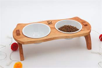 Kedi Köpek Mama Ve Su Kabı-Kırılmaz Melamin İki Adet Kase Hediyeli-Gerçek Ahşap-Armut Kiraz-BuShop Mızmız