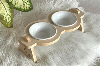 Kedi Köpek Mama Ve Su Kabı-Seramik İki Adet Kase Hediyeli-Gerçek Ahşap-Ham Boyasız-BuShop Mişa Preminyum 