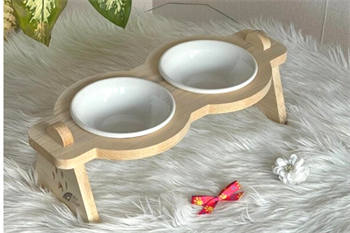 Kedi Köpek Mama Ve Su Kabı-Seramik İki Adet Kase Hediyeli-Gerçek Ahşap-Ham Boyasız-BuShop Mişa Preminyum 