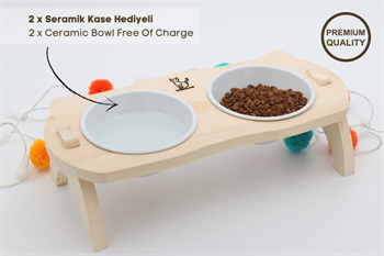 Kedi Köpek Mama Ve Su Kabı-Seramik İki Adet Kase Hediyeli-Gerçek Ahşap-Ham Boyasız-BuShop Mızmız Preminyum 