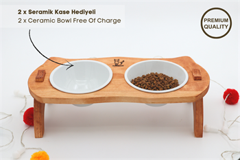 Kedi Köpek Mama Ve Su Kabı-Seramik İki Adet Kase Hediyeli-Gerçek Ahşap-Armut Kiraz-BuShop Mızmız Preminyum 