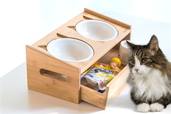 Kedi Köpek Mama Ve Su Kabı-Seramik İki Adet Kase Hediyeli-Gerçek Ahşap-Armut Kiraz-Çekmeceli-BuShop Merlin Preminyum