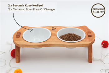Kedi Köpek Mama Ve Su Kabı-Kırılmaz Melamin İki Adet Kase Hediyeli-Gerçek Ahşap-Armut Kiraz-BuShop Mızmız