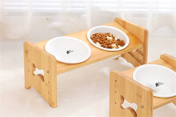 Kedi Köpek Mama Ve Su Kabı-Kırılmaz Melamin İki Adet Kase Hediyeli-Gerçek Ahşap-Kayın Renk-BuShop Kemik